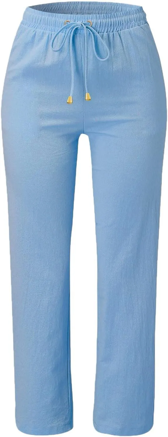 Women Linen Blend Summer Floral Palazzo Lounge Pants Low Waist Wide Leg Slim-Fit Palazzo Lounge Pants Vacation