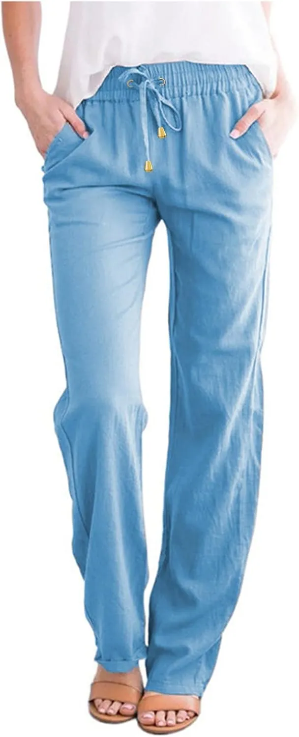 Women Linen Blend Summer Floral Palazzo Lounge Pants Low Waist Wide Leg Slim-Fit Palazzo Lounge Pants Vacation