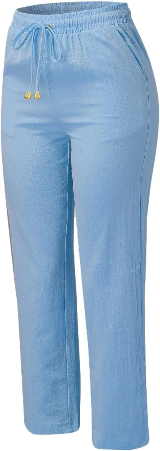 Women Linen Blend Summer Floral Palazzo Lounge Pants Low Waist Wide Leg Slim-Fit Palazzo Lounge Pants Vacation