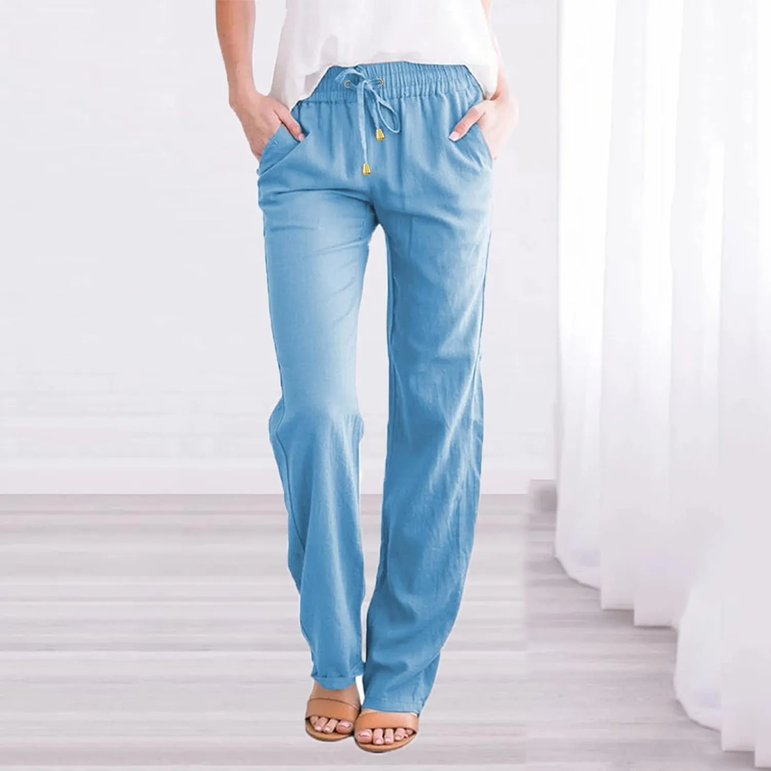 Women Linen Blend Summer Floral Palazzo Lounge Pants Low Waist Wide Leg Slim-Fit Palazzo Lounge Pants Vacation