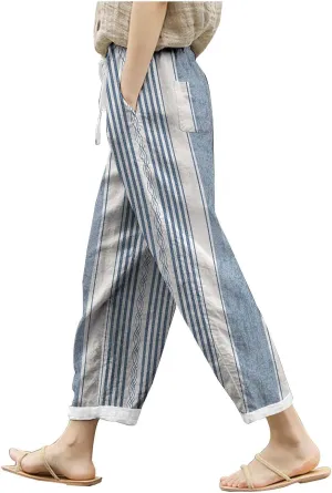 Women Linen Blend Summer Lightweigt Pant Trousers Elastic Waist Wide Leg Plus Size Pants Business Work