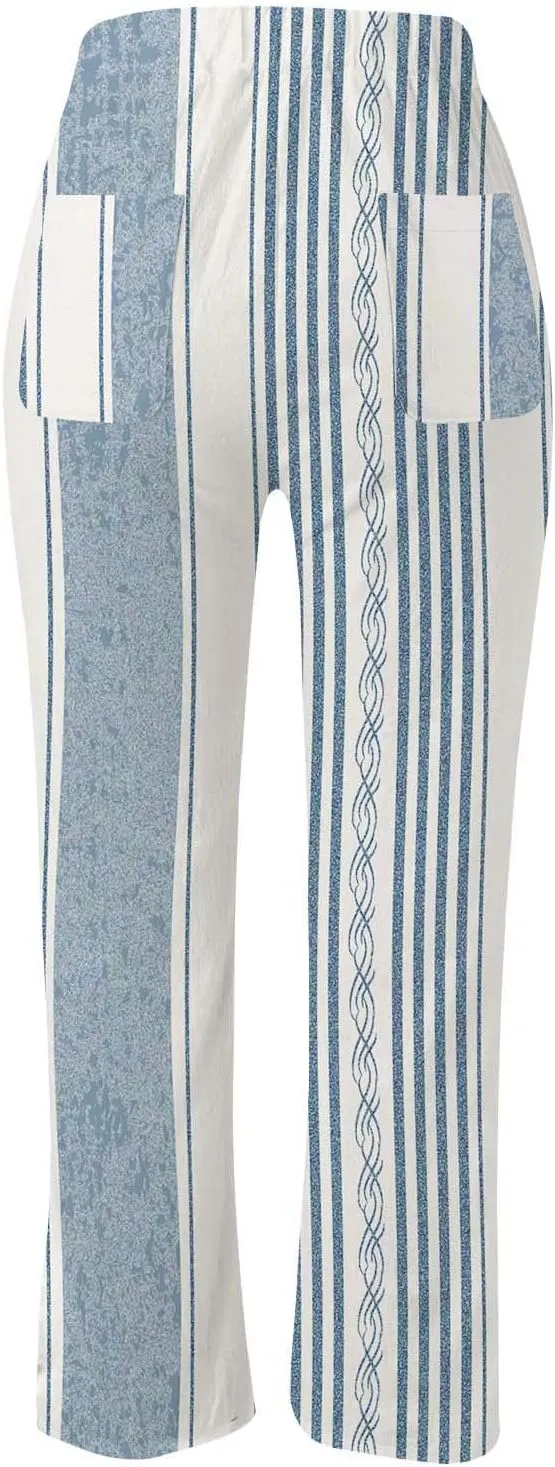 Women Linen Blend Summer Lightweigt Pant Trousers Elastic Waist Wide Leg Plus Size Pants Business Work