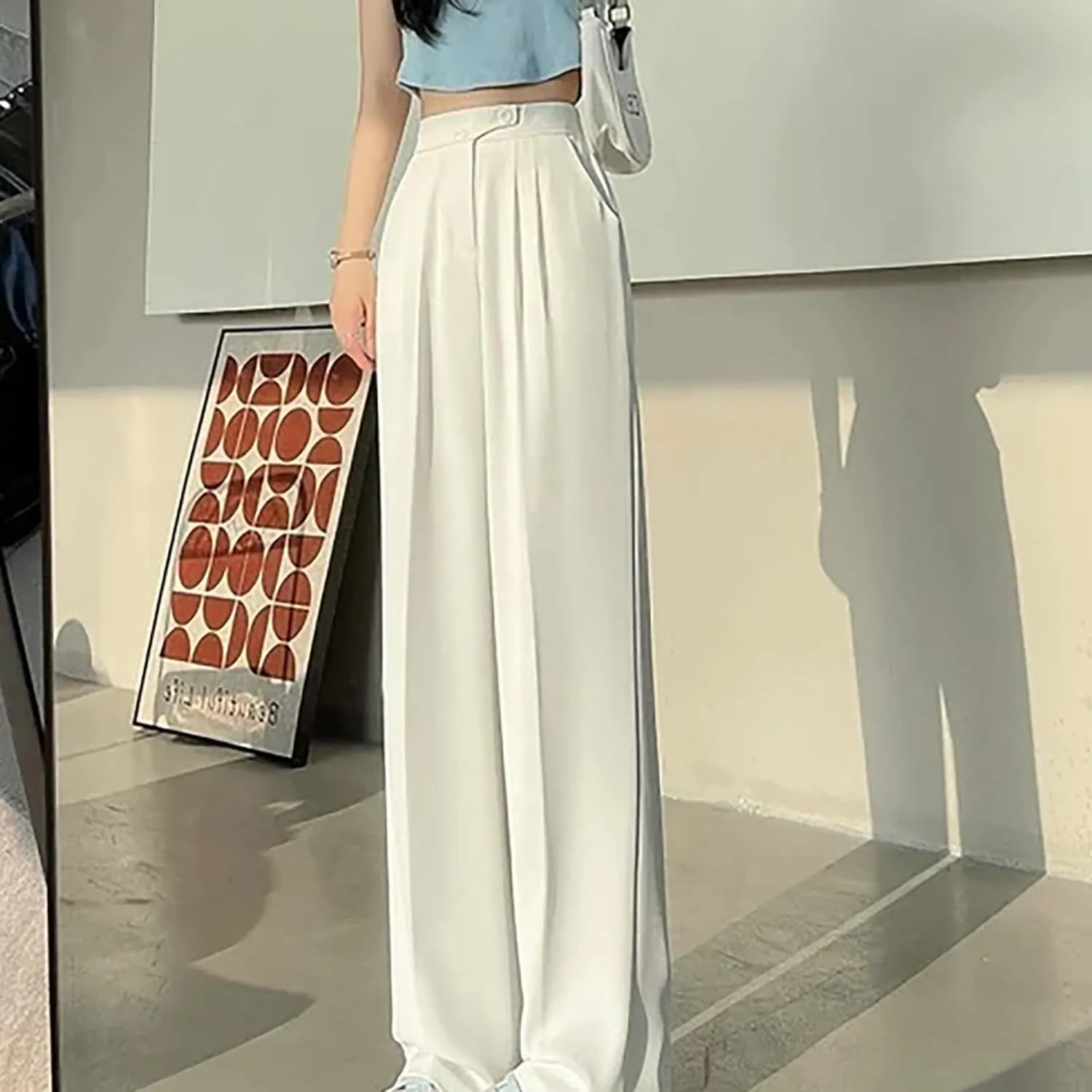 Women Linen Blend Summer Printed Pant Trousers Elastic Waist Lounge Pants Slim-Fit Palazzo Lounge Pants Beach