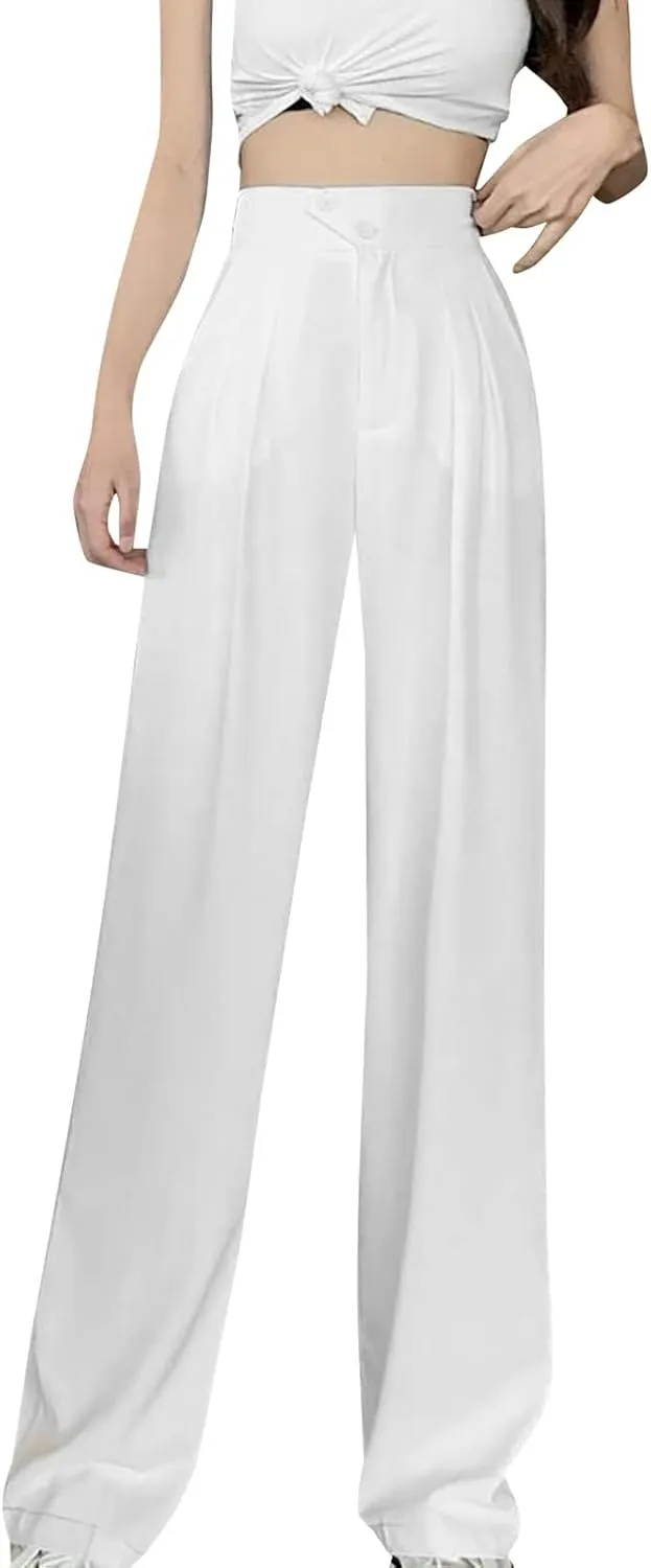 Women Linen Blend Summer Printed Pant Trousers Elastic Waist Lounge Pants Slim-Fit Palazzo Lounge Pants Beach