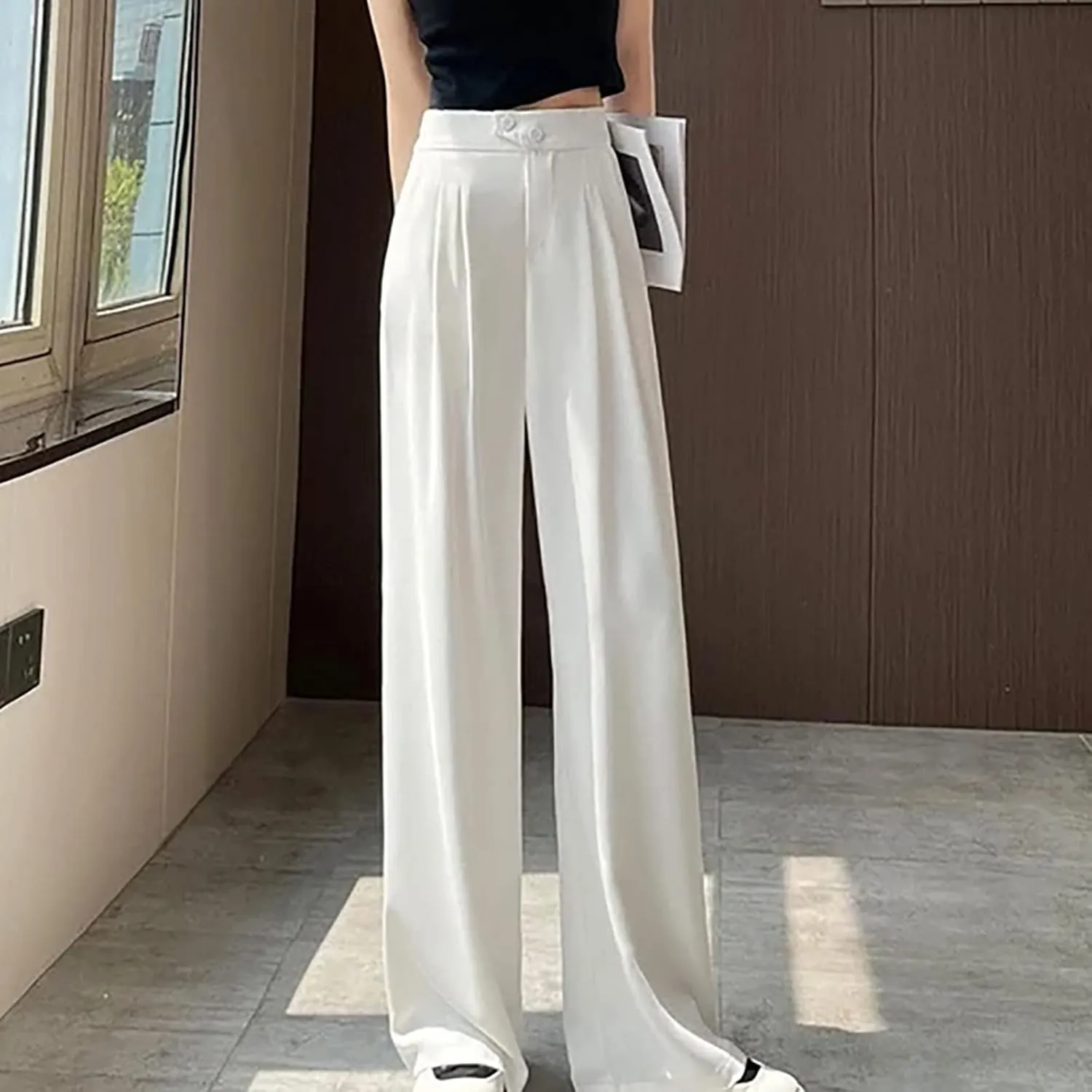 Women Linen Blend Summer Printed Pant Trousers Elastic Waist Lounge Pants Slim-Fit Palazzo Lounge Pants Beach