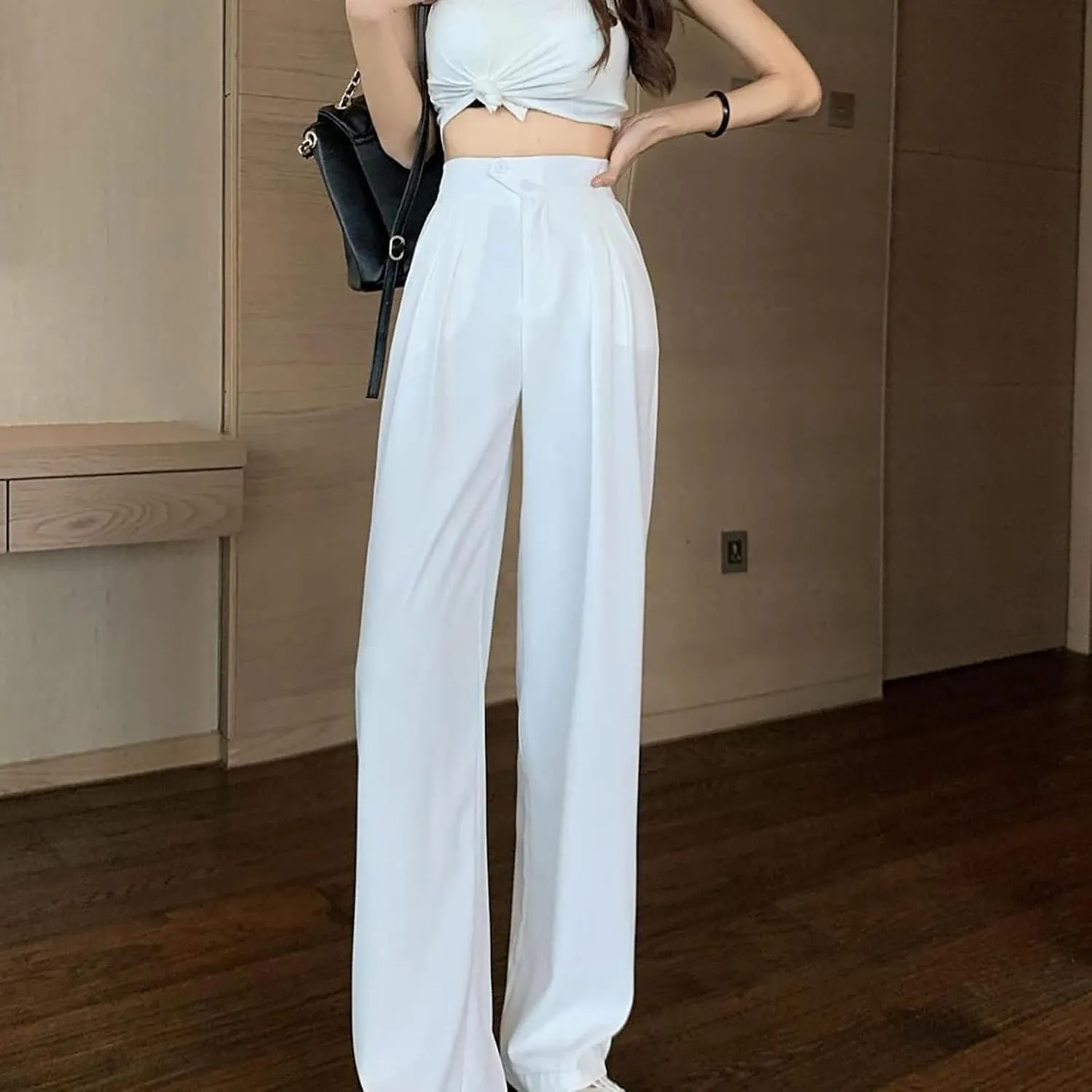 Women Linen Blend Summer Printed Pant Trousers Elastic Waist Lounge Pants Slim-Fit Palazzo Lounge Pants Beach