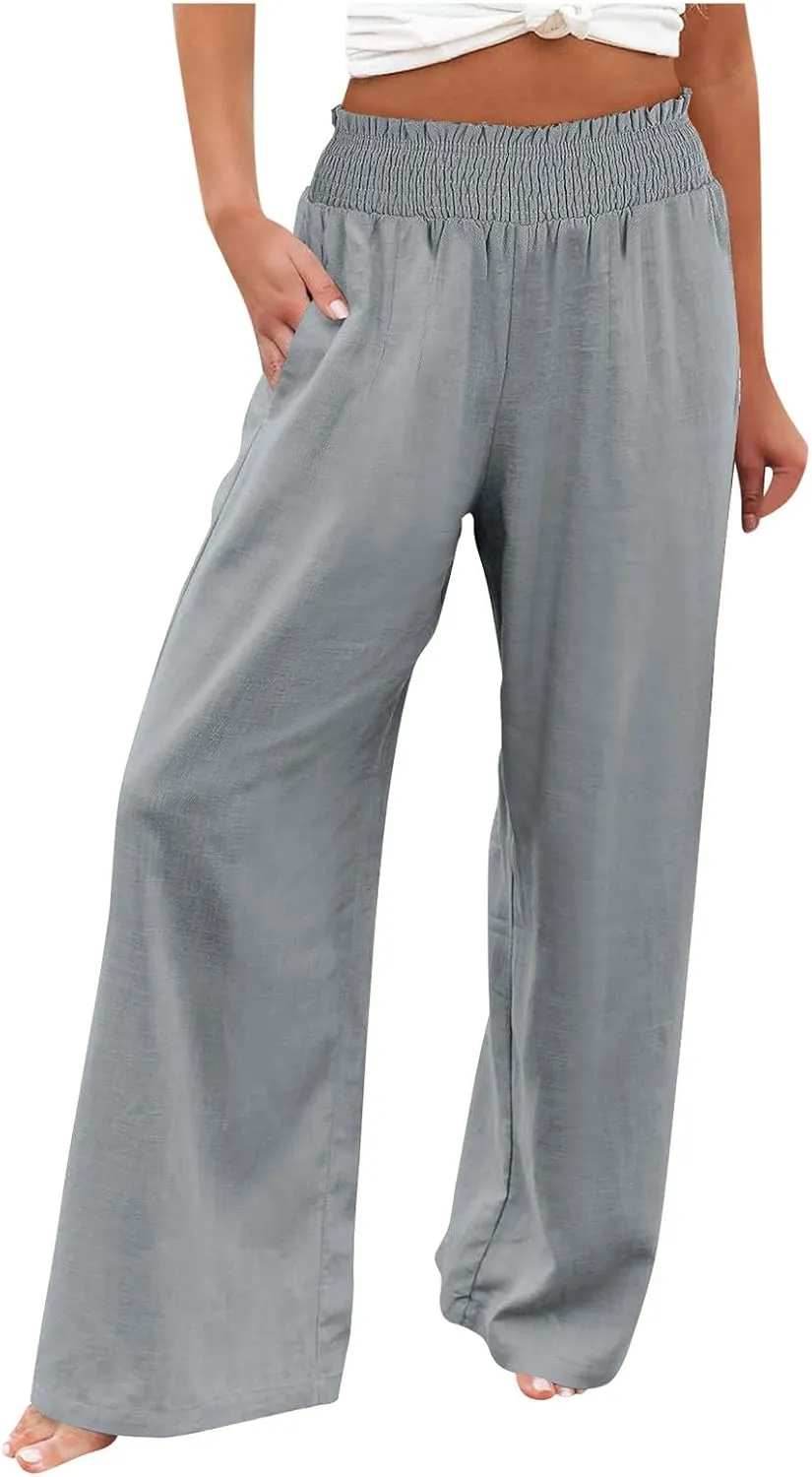 Women Linen Blend Summer Split Flowy Palazzo Lounge Pants Elastic Waist Ankle Length Slim-Fit Palazzo Lounge