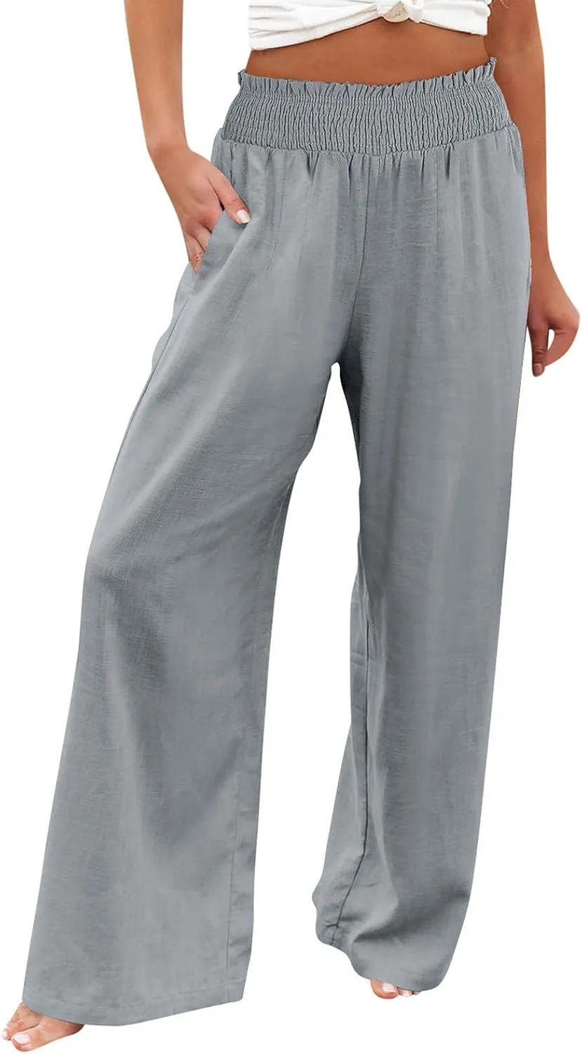 Women Linen Blend Summer Split Flowy Palazzo Lounge Pants Elastic Waist Ankle Length Slim-Fit Palazzo Lounge