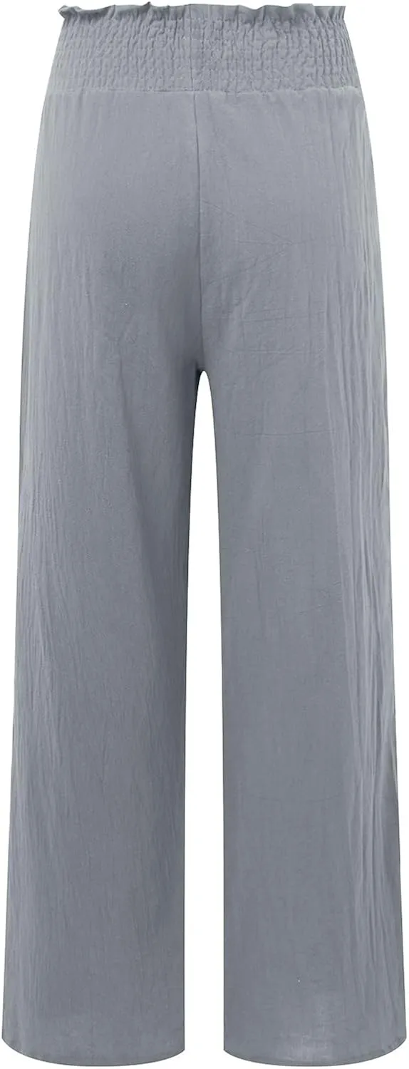 Women Linen Blend Summer Split Flowy Palazzo Lounge Pants Elastic Waist Ankle Length Slim-Fit Palazzo Lounge
