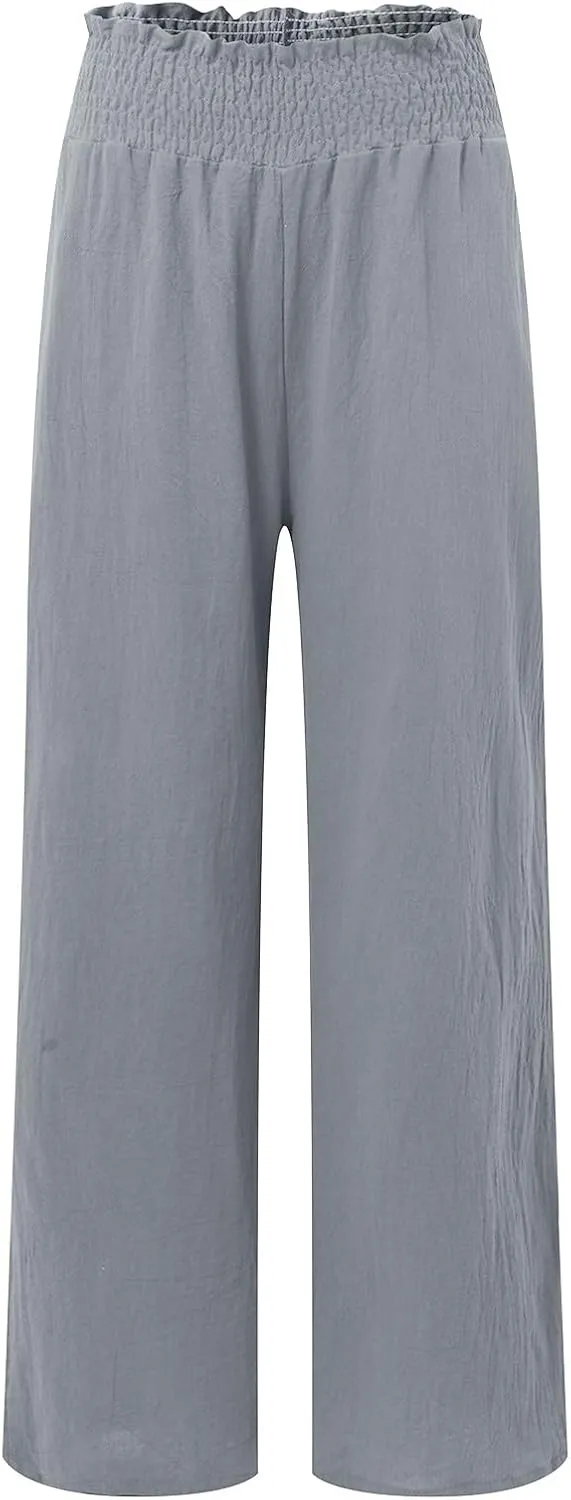 Women Linen Blend Summer Split Flowy Palazzo Lounge Pants Elastic Waist Ankle Length Slim-Fit Palazzo Lounge