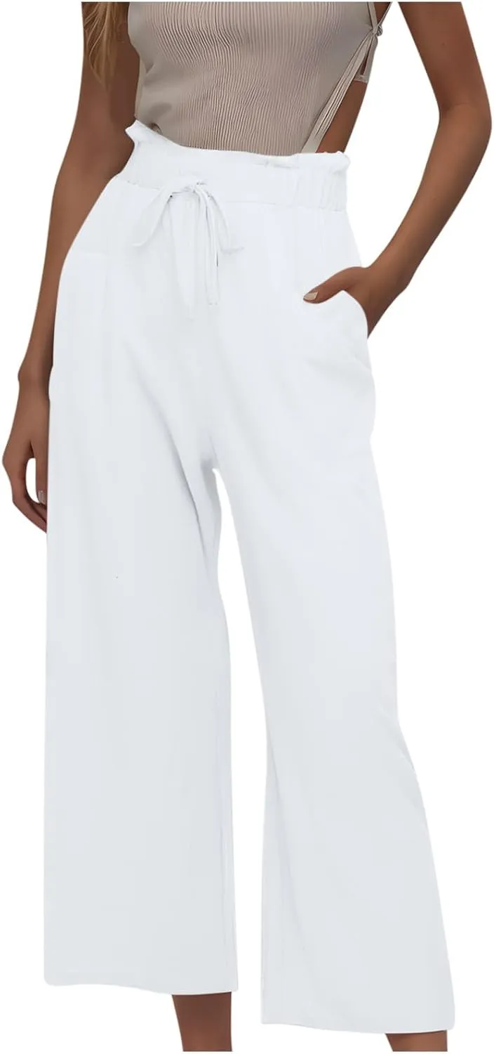 Women Linen Palazzo Pants High Waist Wide Leg Pant Casual Loose Elastic Waisted Holiday Vacation Trousers with Pocket