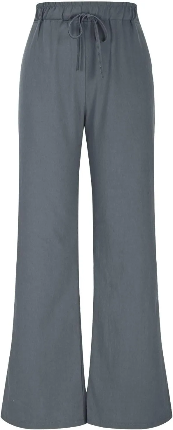 Women Linen Palazzo Pants Summer Boho Beach Pants Casual Wide Leg High Waist Lounge Pant Vacation Trousers with Pocket