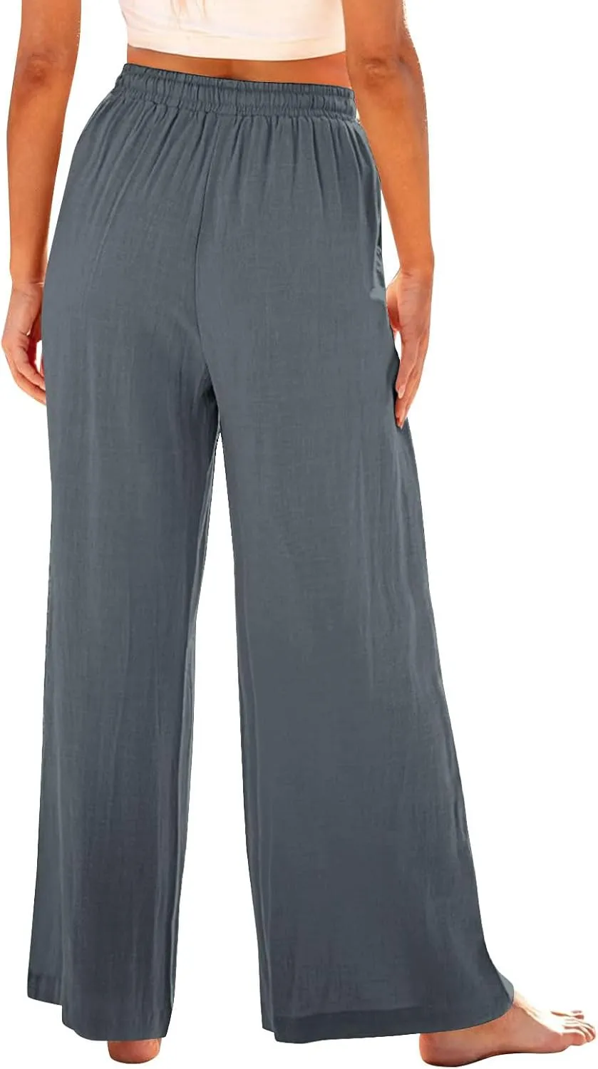 Women Linen Palazzo Pants Summer Boho Beach Pants Casual Wide Leg High Waist Lounge Pant Vacation Trousers with Pocket