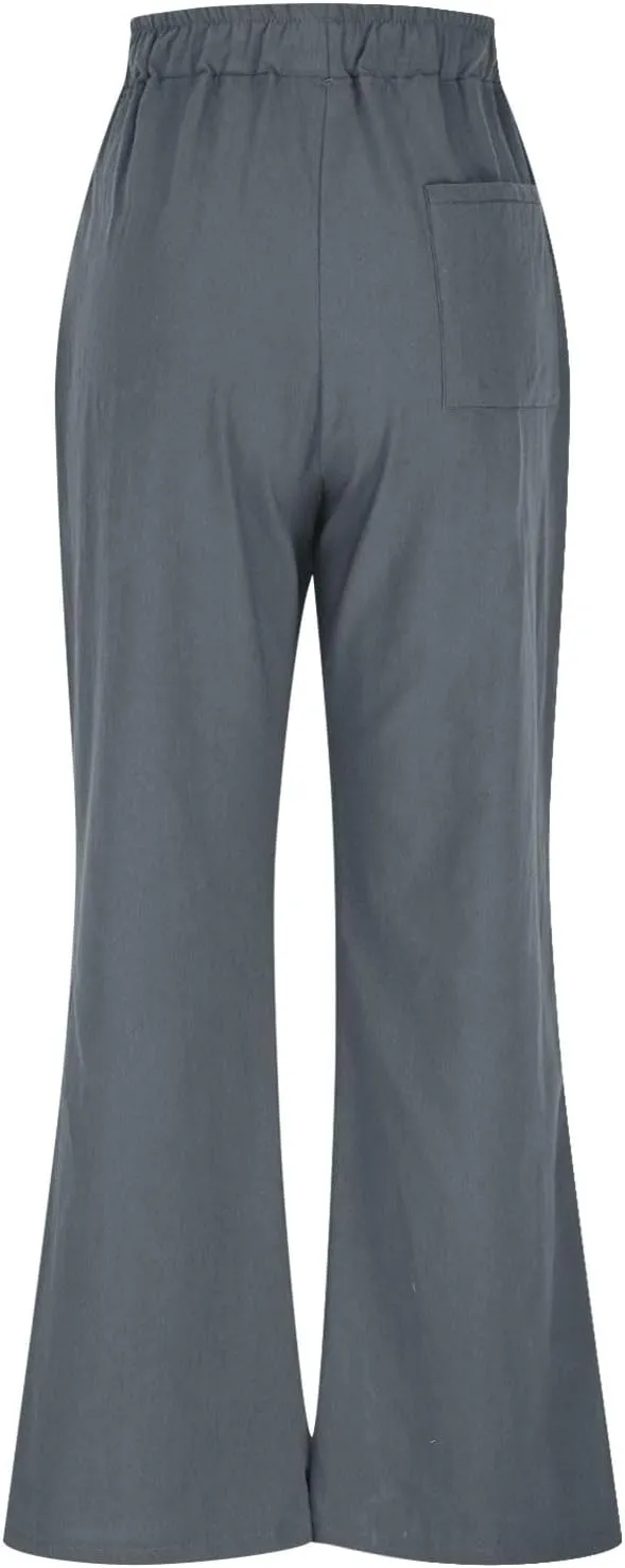Women Linen Palazzo Pants Summer Boho Beach Pants Casual Wide Leg High Waist Lounge Pant Vacation Trousers with Pocket