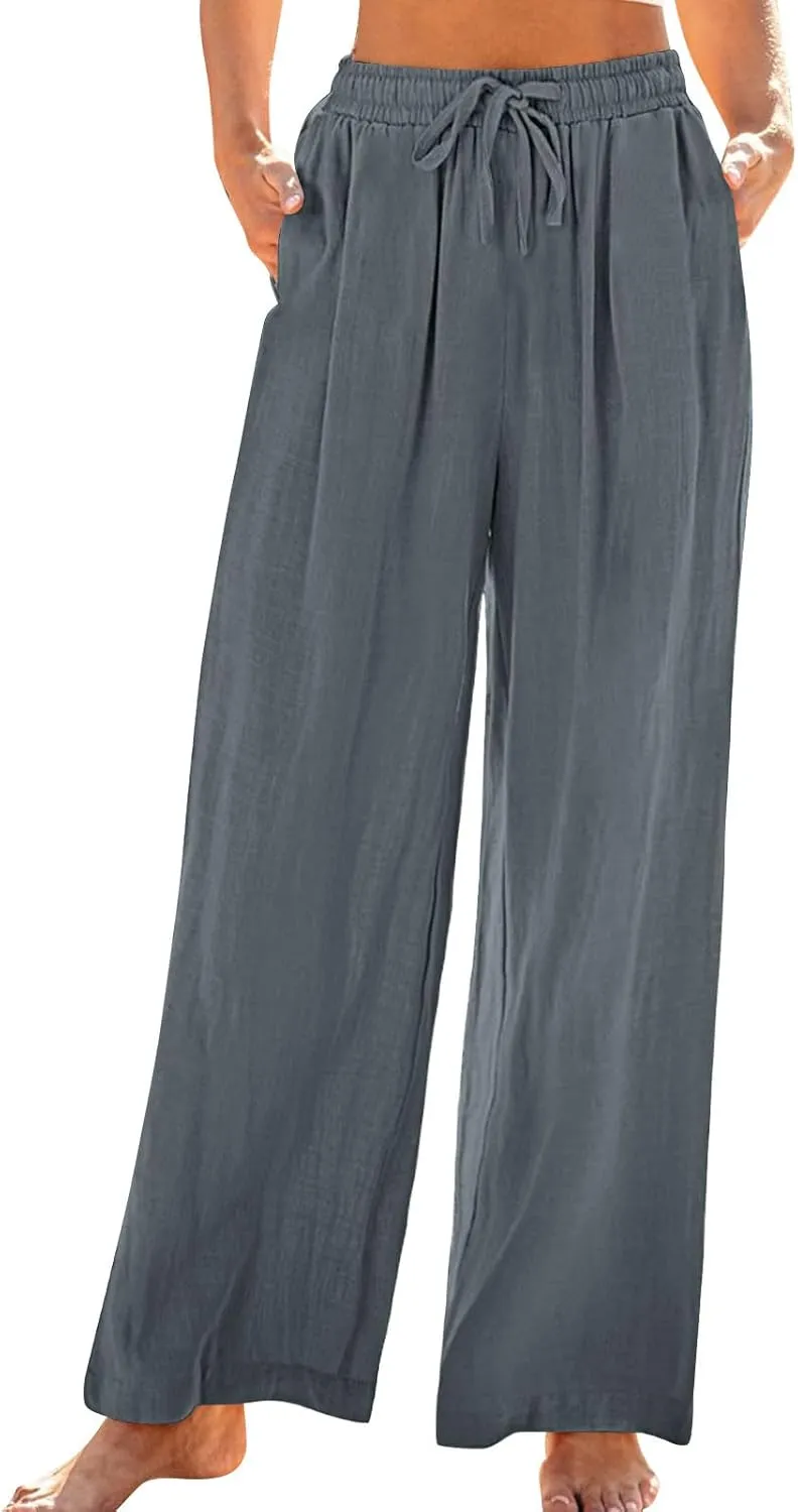 Women Linen Palazzo Pants Summer Boho Beach Pants Casual Wide Leg High Waist Lounge Pant Vacation Trousers with Pocket