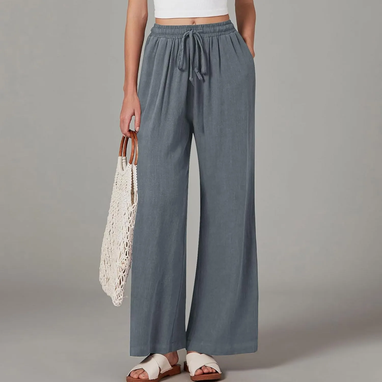Women Linen Palazzo Pants Summer Boho Beach Pants Casual Wide Leg High Waist Lounge Pant Vacation Trousers with Pocket