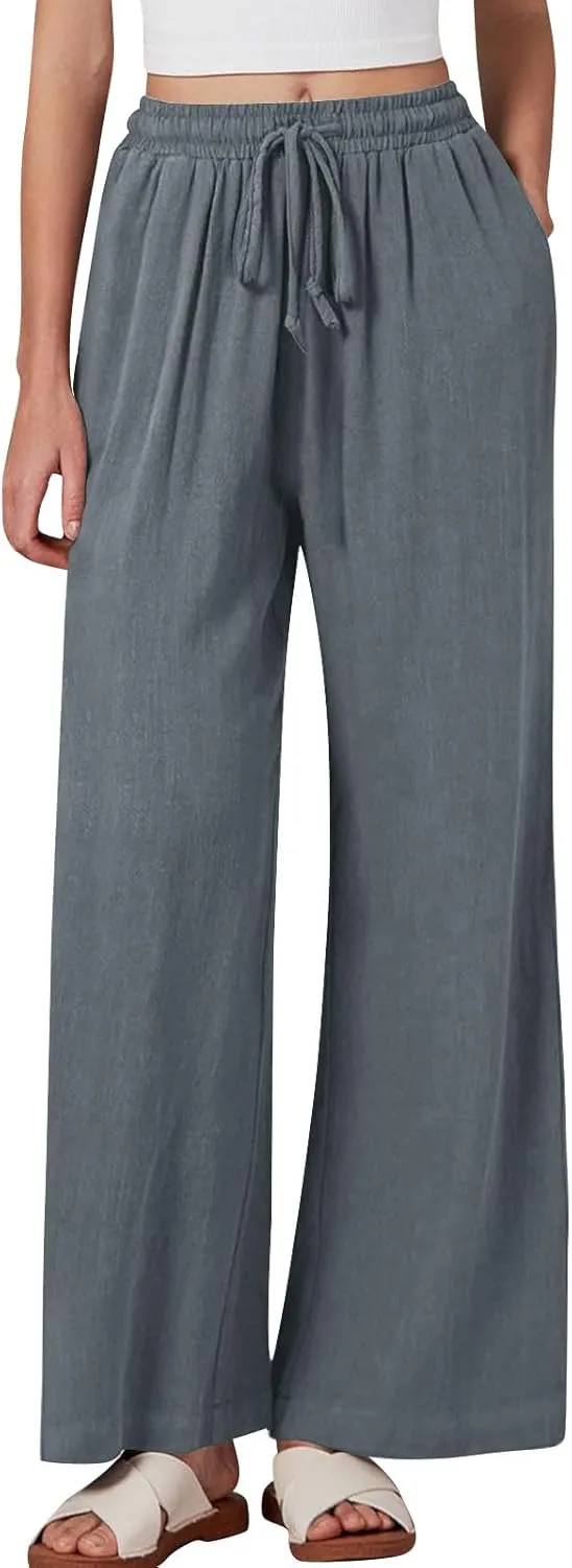 Women Linen Palazzo Pants Summer Boho Beach Pants Casual Wide Leg High Waist Lounge Pant Vacation Trousers with Pocket