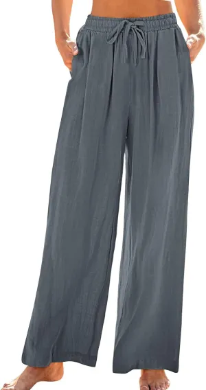 Women Linen Palazzo Pants Summer Boho Beach Pants Casual Wide Leg High Waist Lounge Pant Vacation Trousers with Pocket
