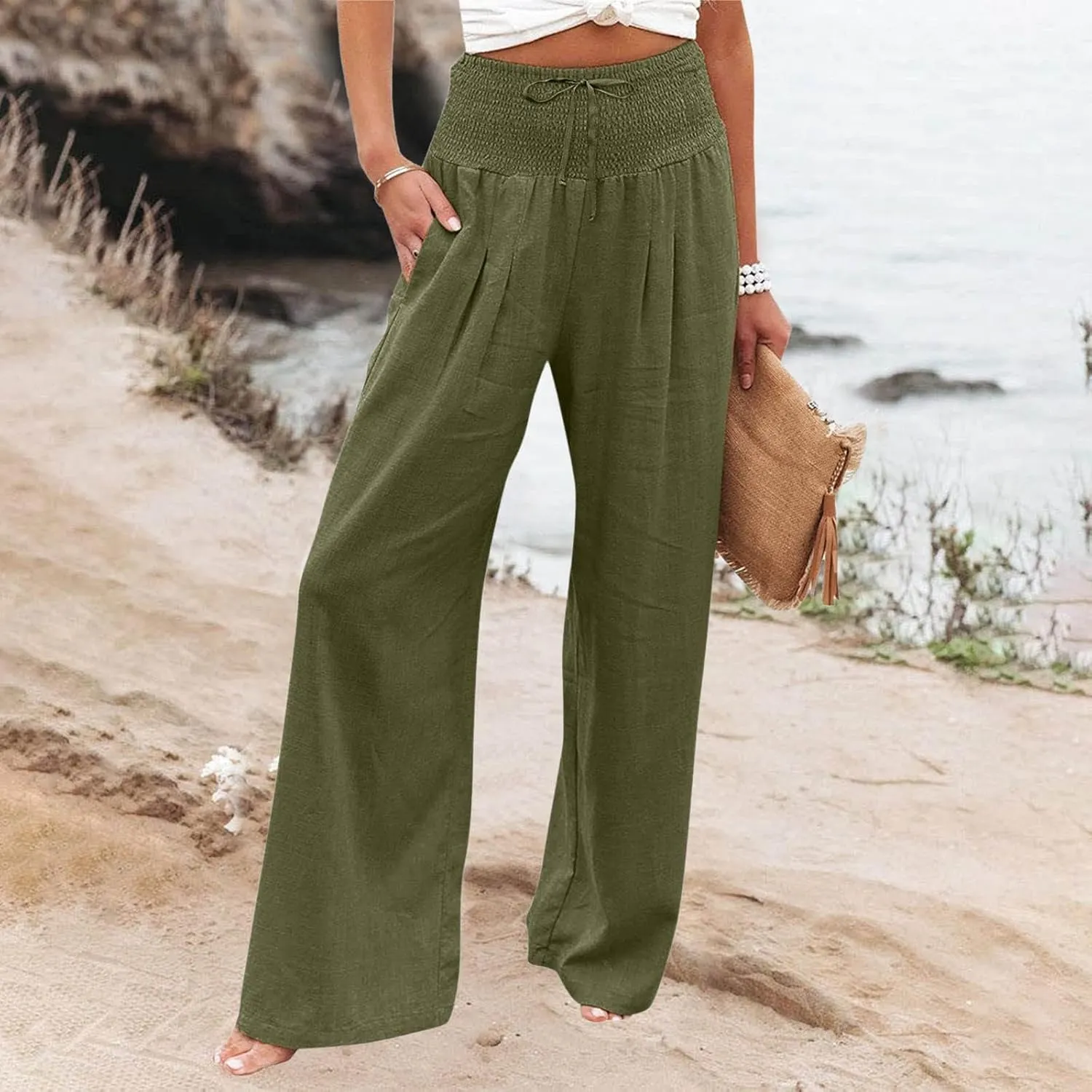 Women Linen Palazzo Pants Summer Boho Wide Leg High Waisted Casual Long Lounge Pants Beach Travel Vacation Trousers