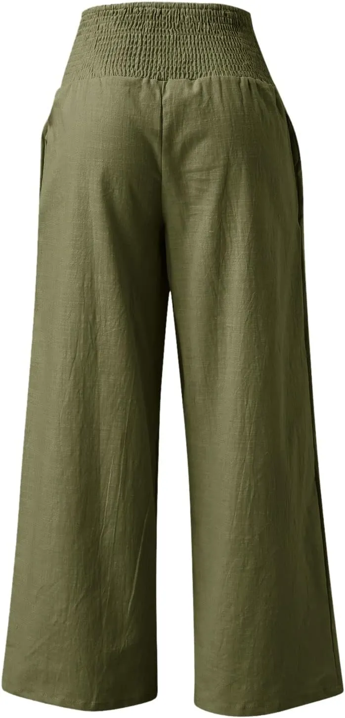 Women Linen Palazzo Pants Summer Boho Wide Leg High Waisted Casual Long Lounge Pants Beach Travel Vacation Trousers