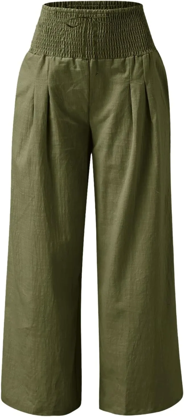 Women Linen Palazzo Pants Summer Boho Wide Leg High Waisted Casual Long Lounge Pants Beach Travel Vacation Trousers