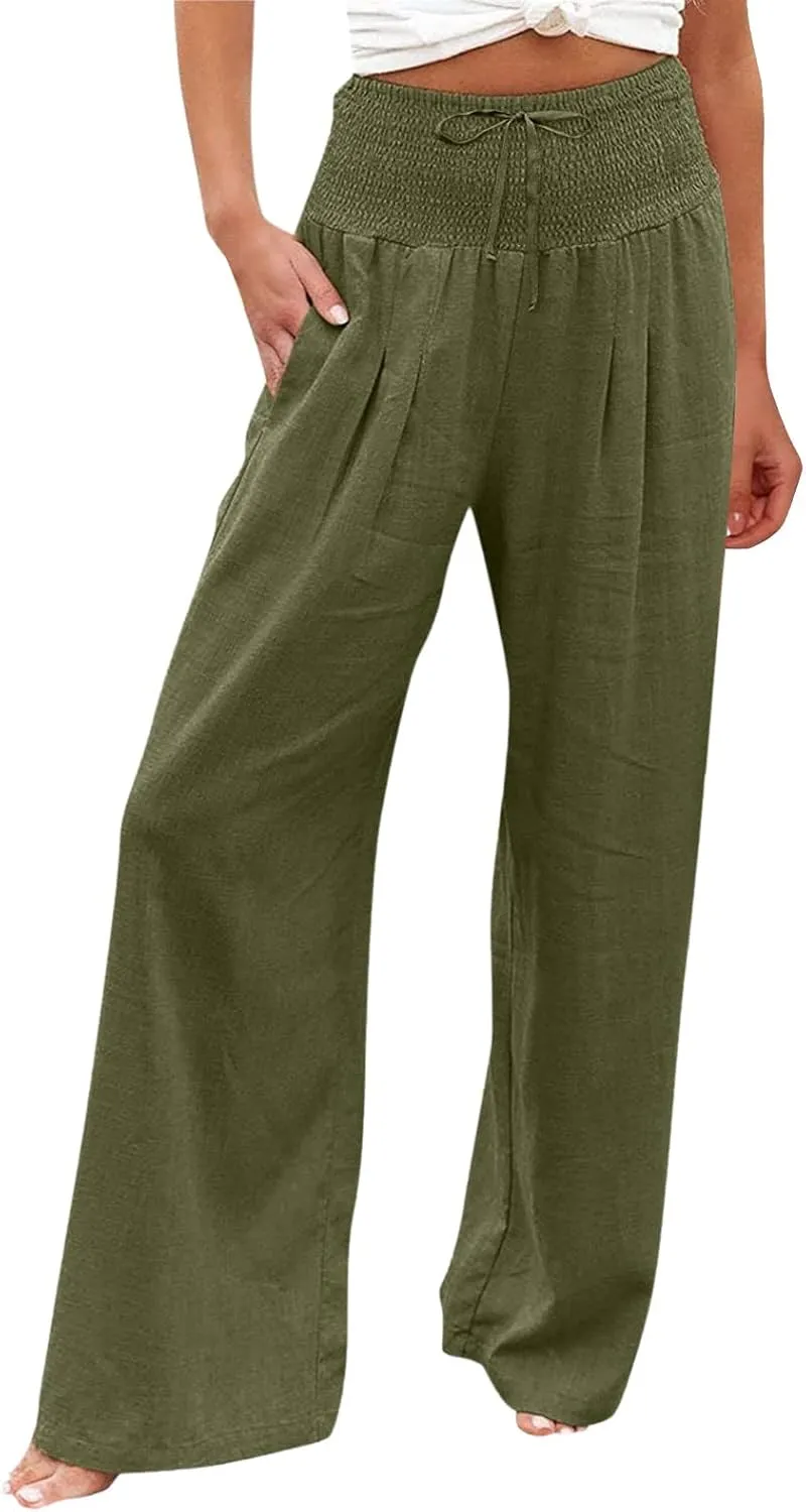 Women Linen Palazzo Pants Summer Boho Wide Leg High Waisted Casual Long Lounge Pants Beach Travel Vacation Trousers