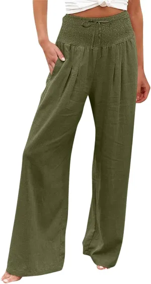 Women Linen Palazzo Pants Summer Boho Wide Leg High Waisted Casual Long Lounge Pants Beach Travel Vacation Trousers