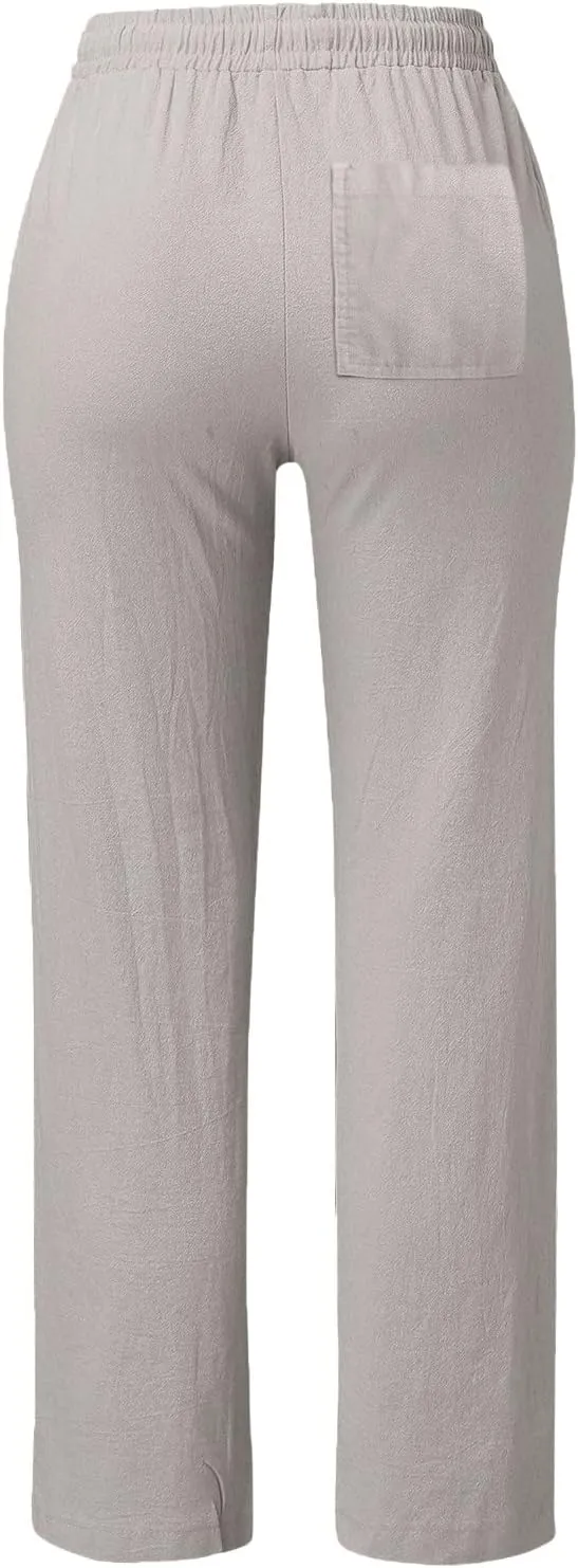 Women Linen Summer Lightweigt Palazzo Pants Elastic Waist Ankle Length Loose Fit Palazzo Pants Business Work