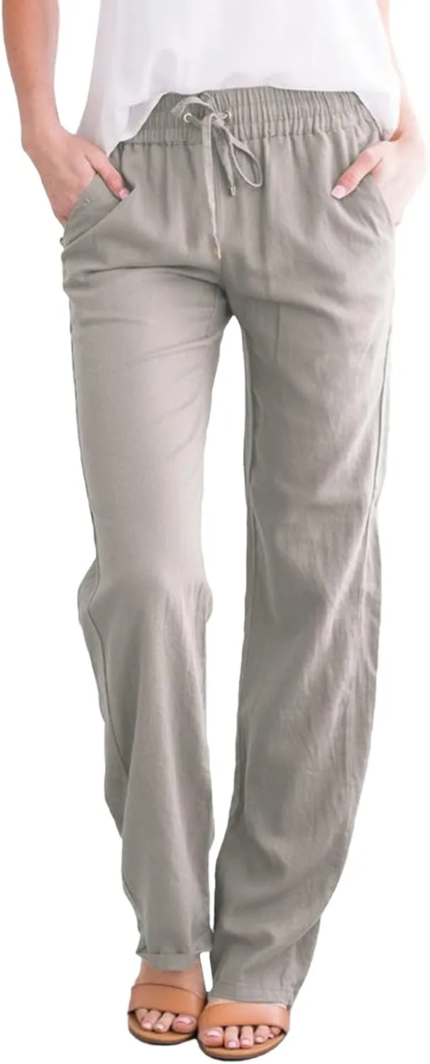 Women Linen Summer Lightweigt Palazzo Pants Elastic Waist Ankle Length Loose Fit Palazzo Pants Business Work