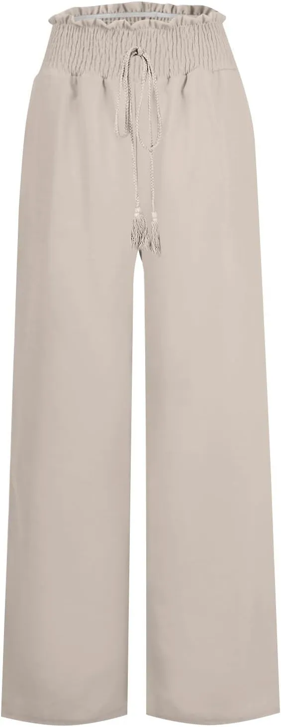 Women Linen Summer Tie Knot Palazzo Lounge Pants Elastic Waist Stretchy Slim-Fit Palazzo Lounge Pants Business Work