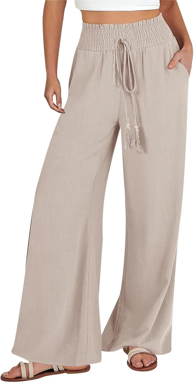 Women Linen Summer Tie Knot Palazzo Lounge Pants Elastic Waist Stretchy Slim-Fit Palazzo Lounge Pants Business Work