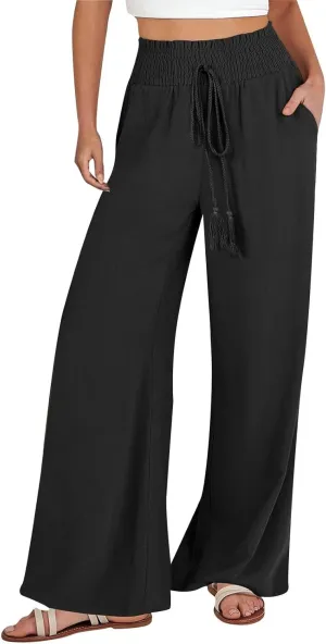 Women Linen Summer Tie Knot Palazzo Lounge Pants Elastic Waist Stretchy Slim-Fit Palazzo Lounge Pants Business Work