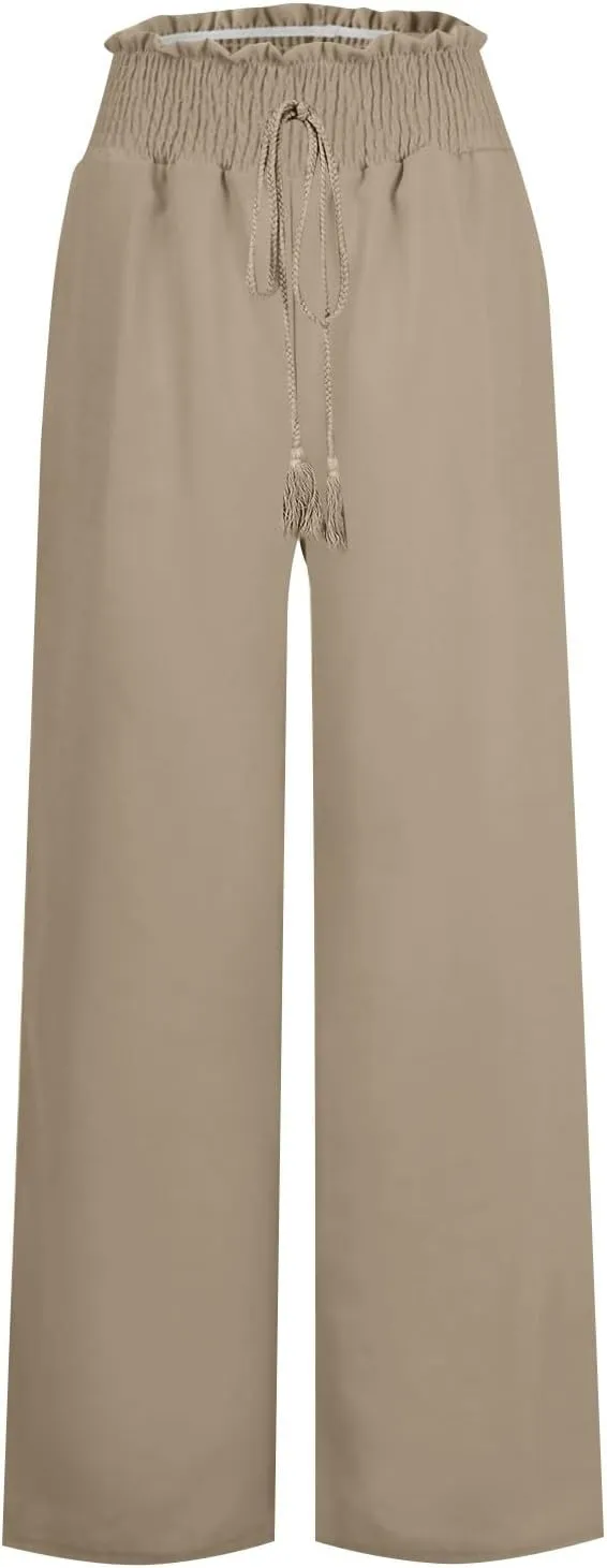 Women Linen Summer Tie Knot Palazzo Lounge Pants Elastic Waist Stretchy Slim-Fit Palazzo Lounge Pants Business Work