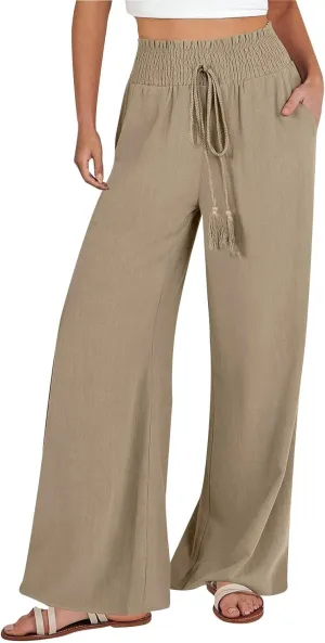 Women Linen Summer Tie Knot Palazzo Lounge Pants Elastic Waist Stretchy Slim-Fit Palazzo Lounge Pants Business Work