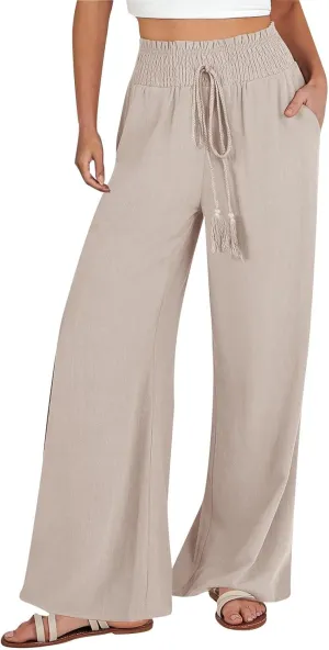 Women Linen Summer Tie Knot Palazzo Lounge Pants Elastic Waist Stretchy Slim-Fit Palazzo Lounge Pants Business Work