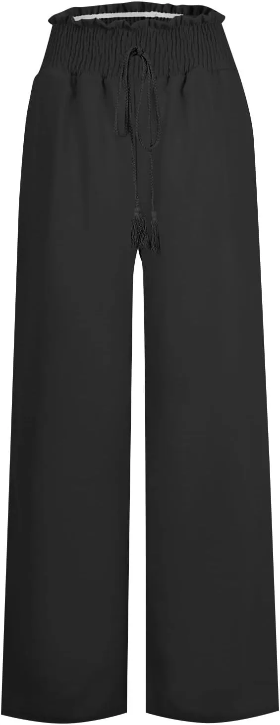 Women Linen Summer Tie Knot Palazzo Lounge Pants Elastic Waist Stretchy Slim-Fit Palazzo Lounge Pants Business Work