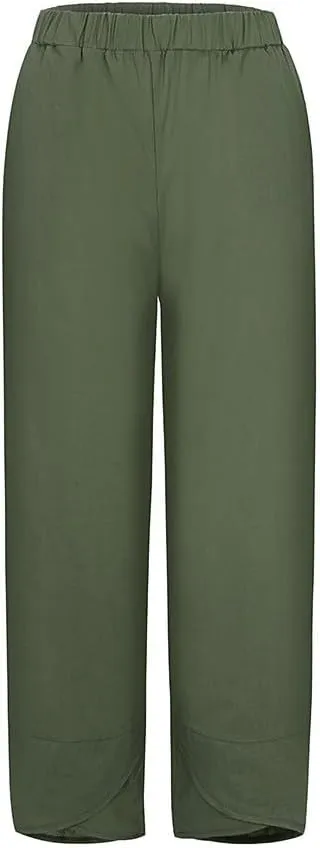 Women Loose Straight Casual Pants Cotton&Linen Pant with Irregular Legs Summer High Waist Trousers for Vacation Travel