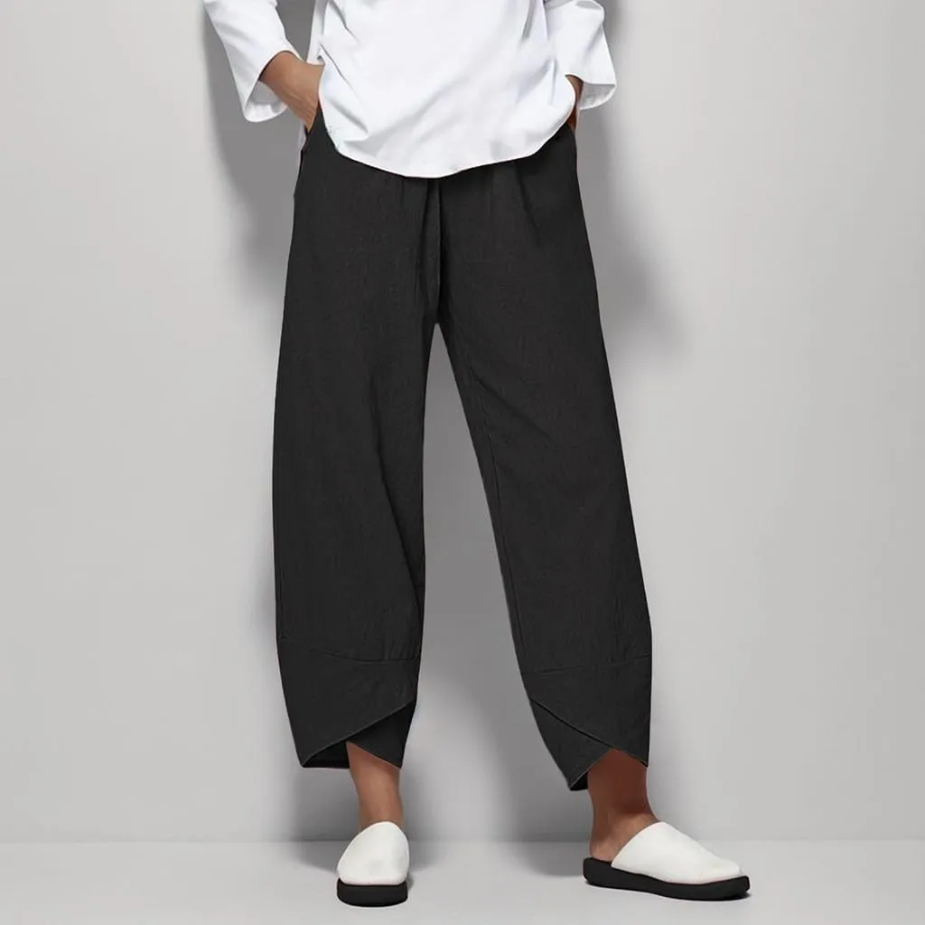 Women Loose Straight Casual Pants Cotton&Linen Pant with Irregular Legs Summer High Waist Trousers for Vacation Travel