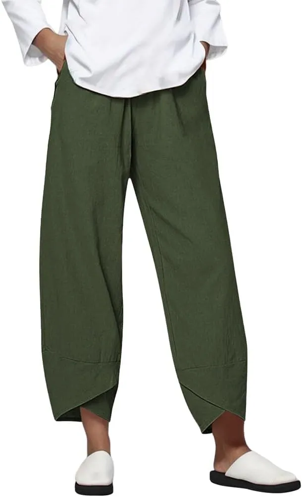 Women Loose Straight Casual Pants Cotton&Linen Pant with Irregular Legs Summer High Waist Trousers for Vacation Travel