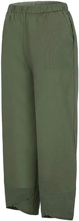 Women Loose Straight Casual Pants Cotton&Linen Pant with Irregular Legs Summer High Waist Trousers for Vacation Travel