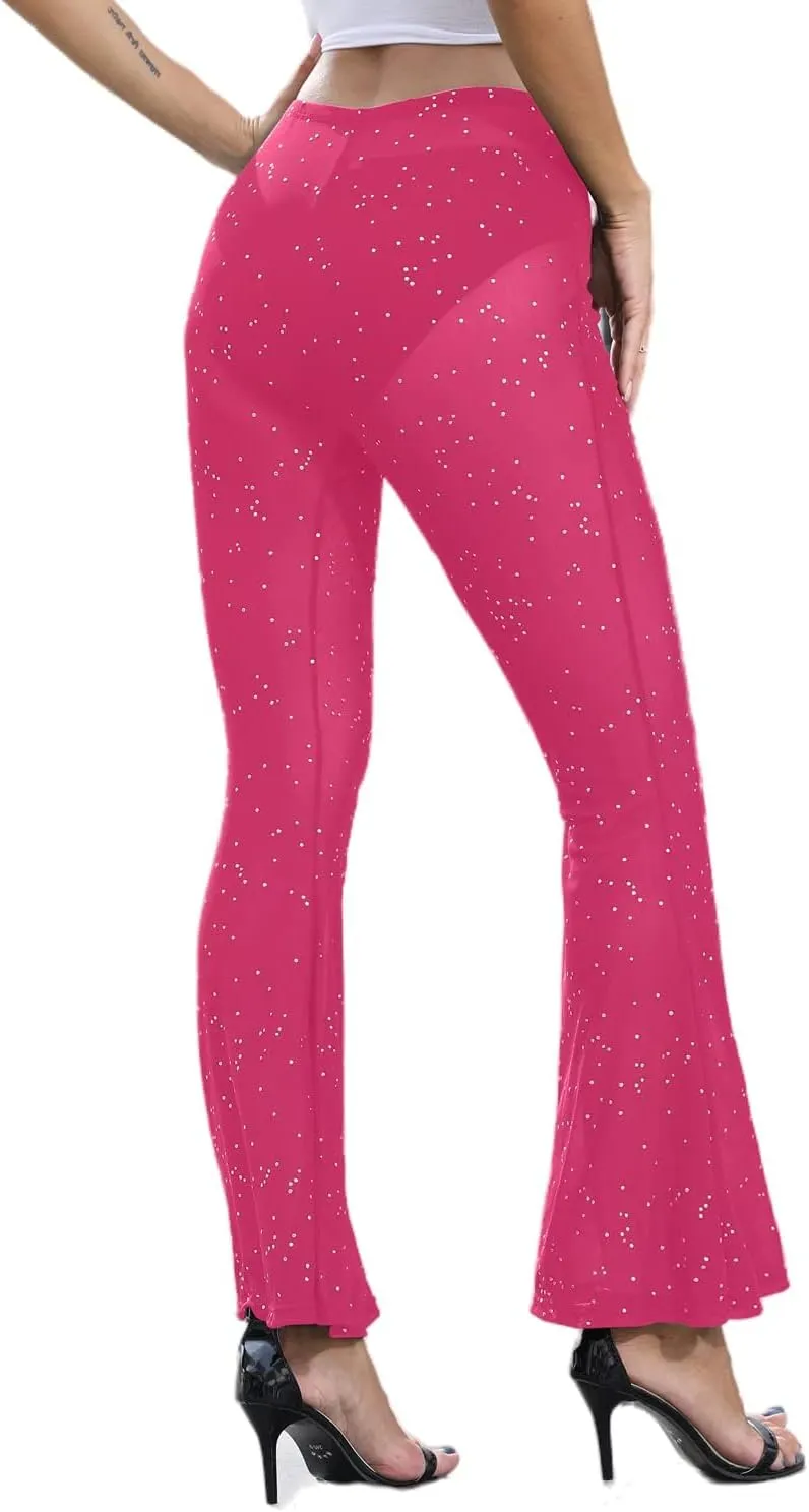 Women Rave Sheer Mesh Shiny Pants Flared High Waist Bell Bottom Pants for Party Dance Festival