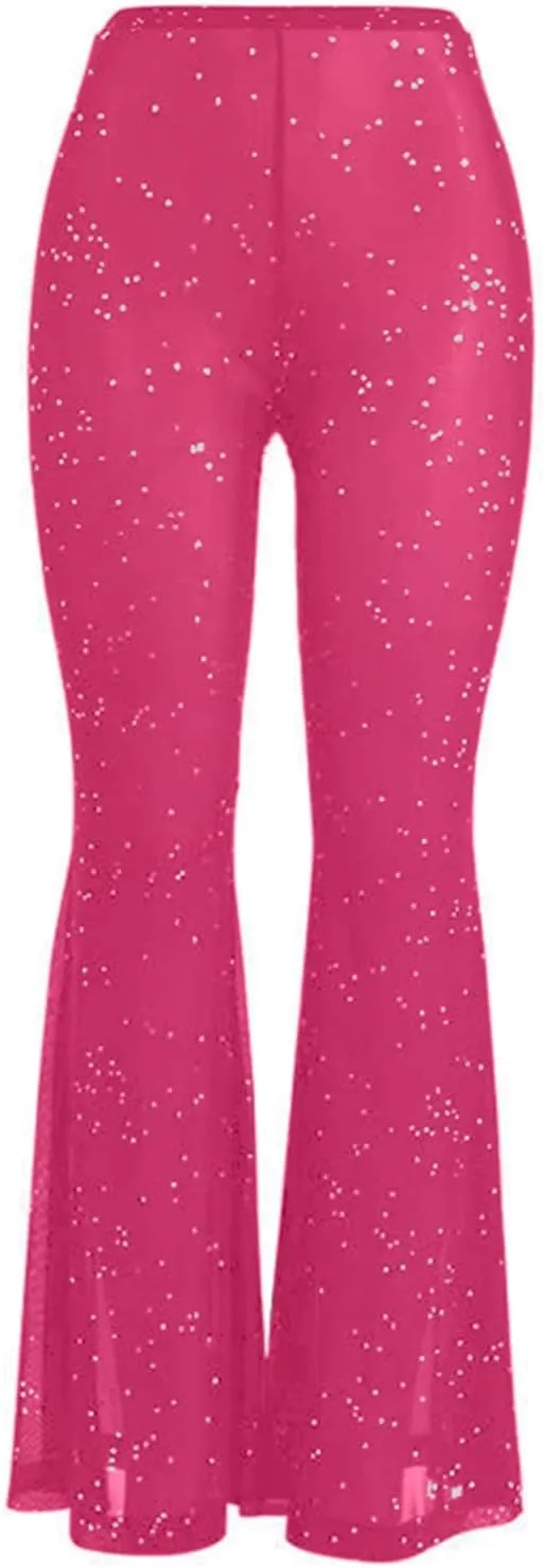 Women Rave Sheer Mesh Shiny Pants Flared High Waist Bell Bottom Pants for Party Dance Festival