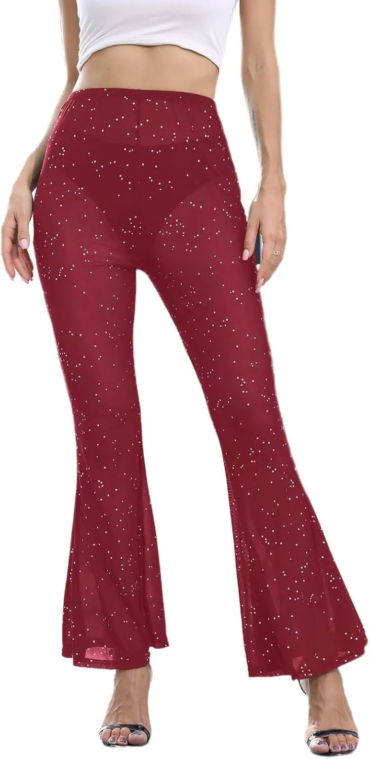 Women Rave Sheer Mesh Shiny Pants Flared High Waist Bell Bottom Pants for Party Dance Festival