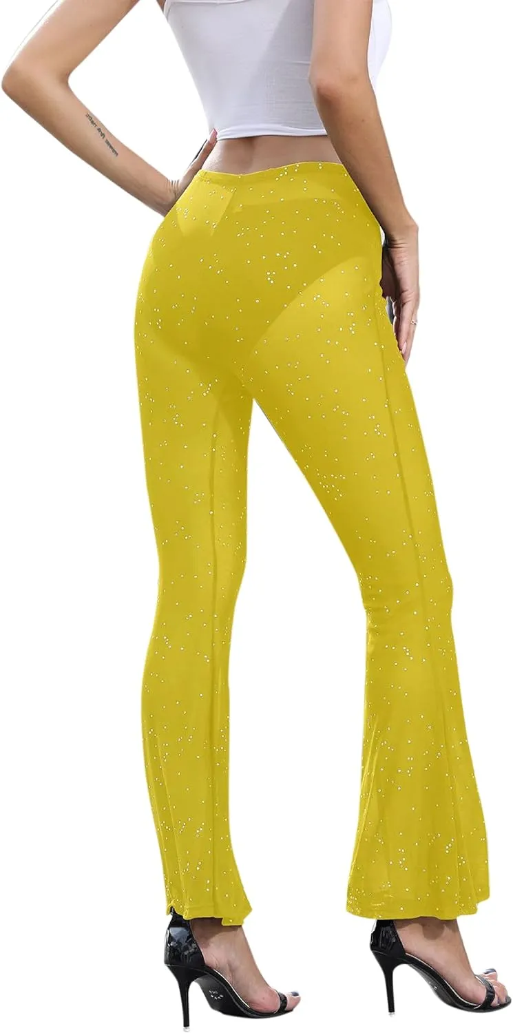 Women Rave Sheer Mesh Shiny Pants Flared High Waist Bell Bottom Pants for Party Dance Festival