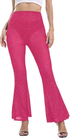 Women Rave Sheer Mesh Shiny Pants Flared High Waist Bell Bottom Pants for Party Dance Festival