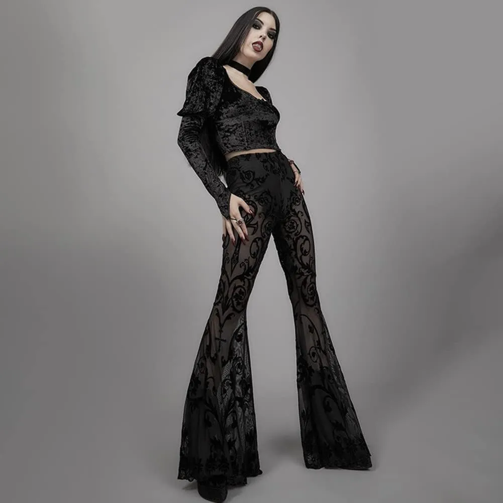 Women Rave Sheer Mesh Shiny Pants Flared High Waist Bell Bottom Pants for Party Dance Festival