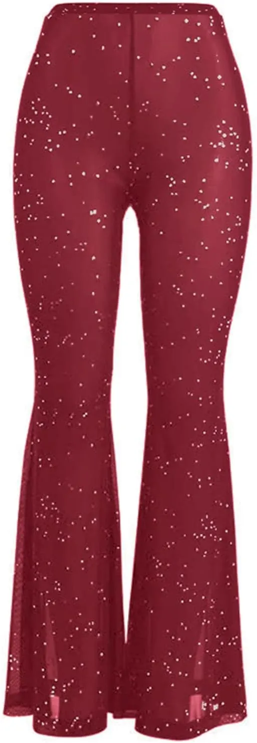 Women Rave Sheer Mesh Shiny Pants Flared High Waist Bell Bottom Pants for Party Dance Festival