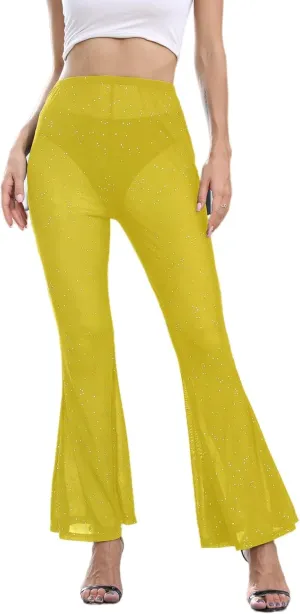 Women Rave Sheer Mesh Shiny Pants Flared High Waist Bell Bottom Pants for Party Dance Festival