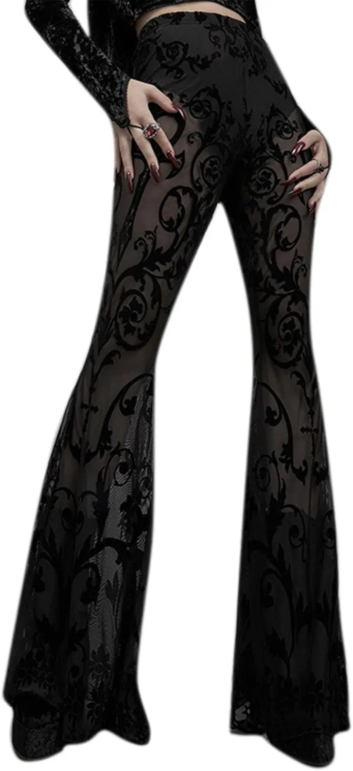 Women Rave Sheer Mesh Shiny Pants Flared High Waist Bell Bottom Pants for Party Dance Festival