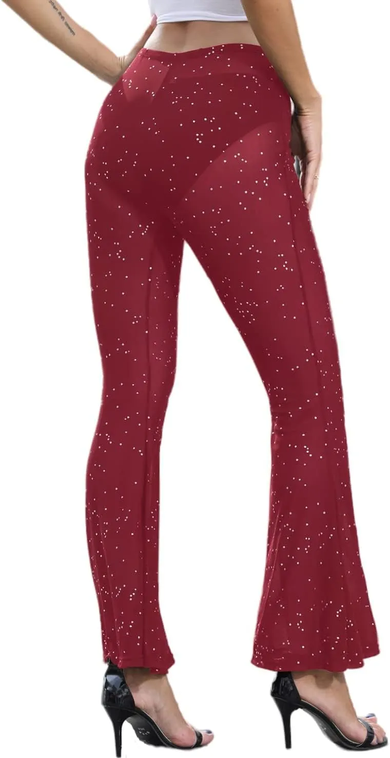 Women Rave Sheer Mesh Shiny Pants Flared High Waist Bell Bottom Pants for Party Dance Festival